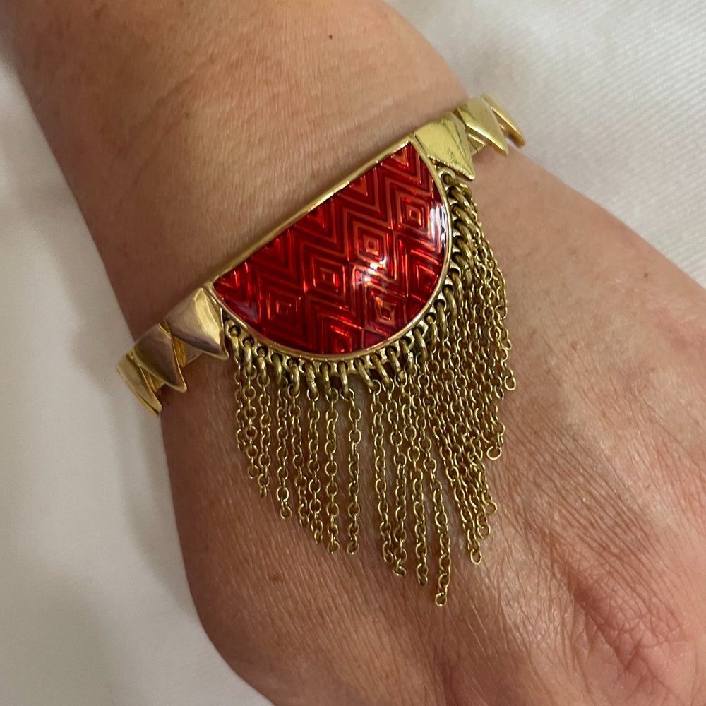 Vintage House of Harlow 1960 Gold Plated & Enamel Cuff Bracelet W/Fringe Chain